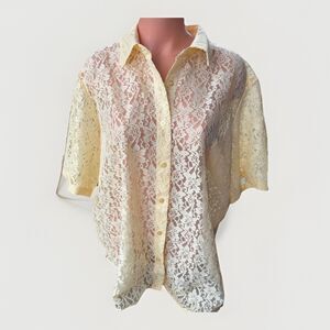 Westbound Women's XL Yellow Lace Shirt Short Sleeve Floral Sheer Button Down